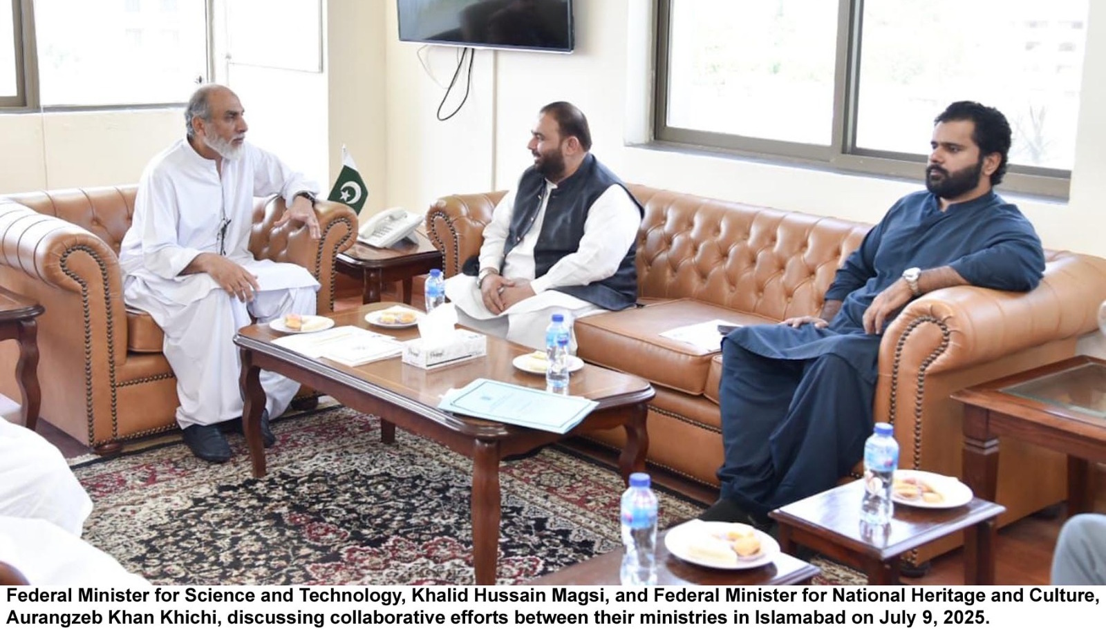 Islamabad – July 9, 2025 — Federal Minister for Science and Technology, Khalid Hussain Magsi, and Federal Minister for National Heritage and Culture, Aurangzeb Khan Khichi, discussing collaborative efforts between their Ministries.